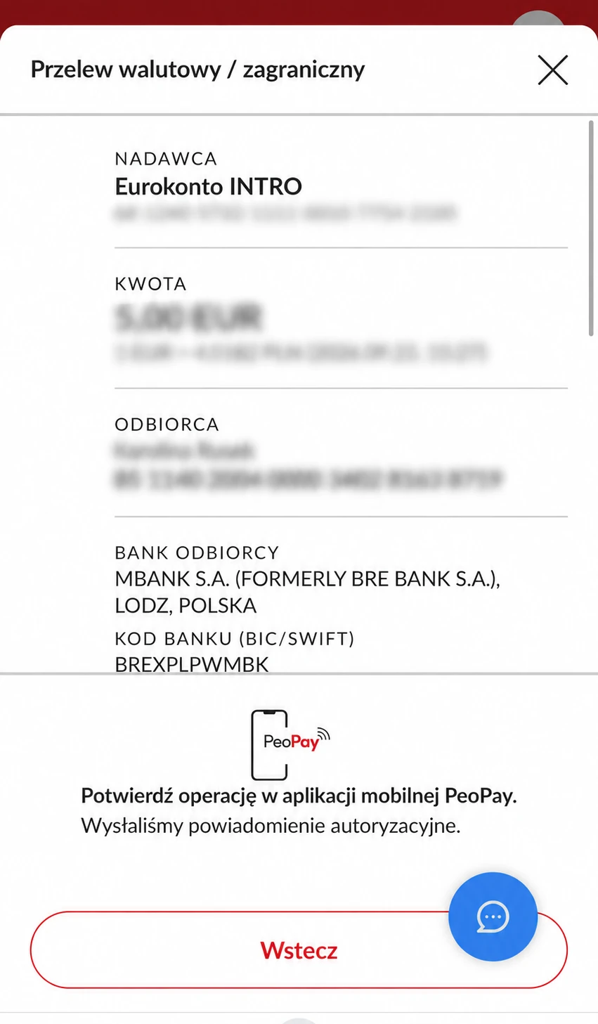 Pekao24. Podsumowanie danych przelewu walutowego