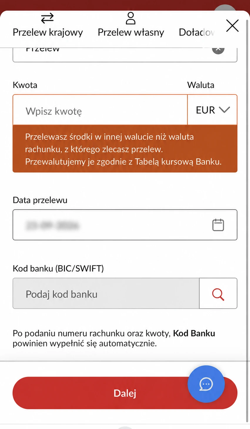 Pekao24. Waluta, data i kod banku odbiorcy