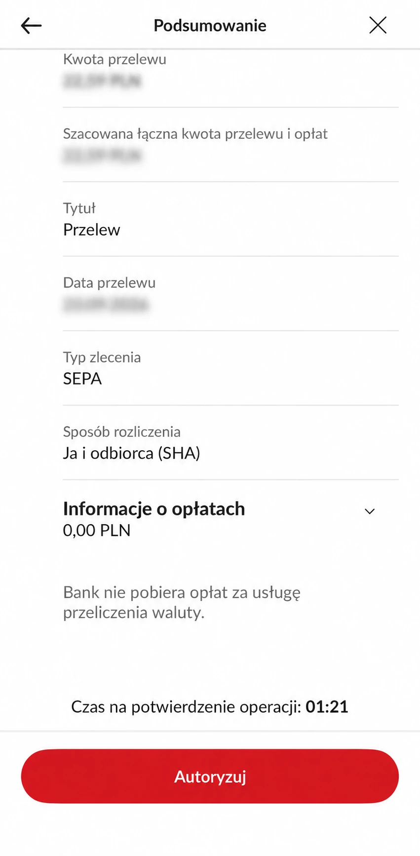 PeoPay. Koszt SEPA i sposób rozliczenia SHA