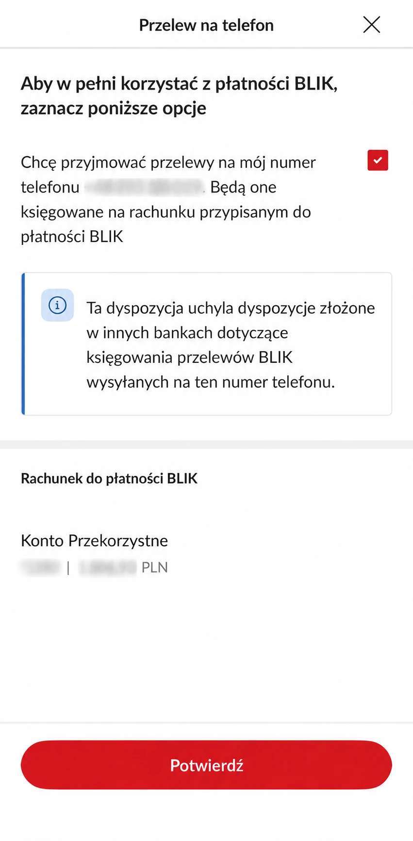 Ustawienia przelewu na telefon BLIK i wybór rachunku w PeoPay