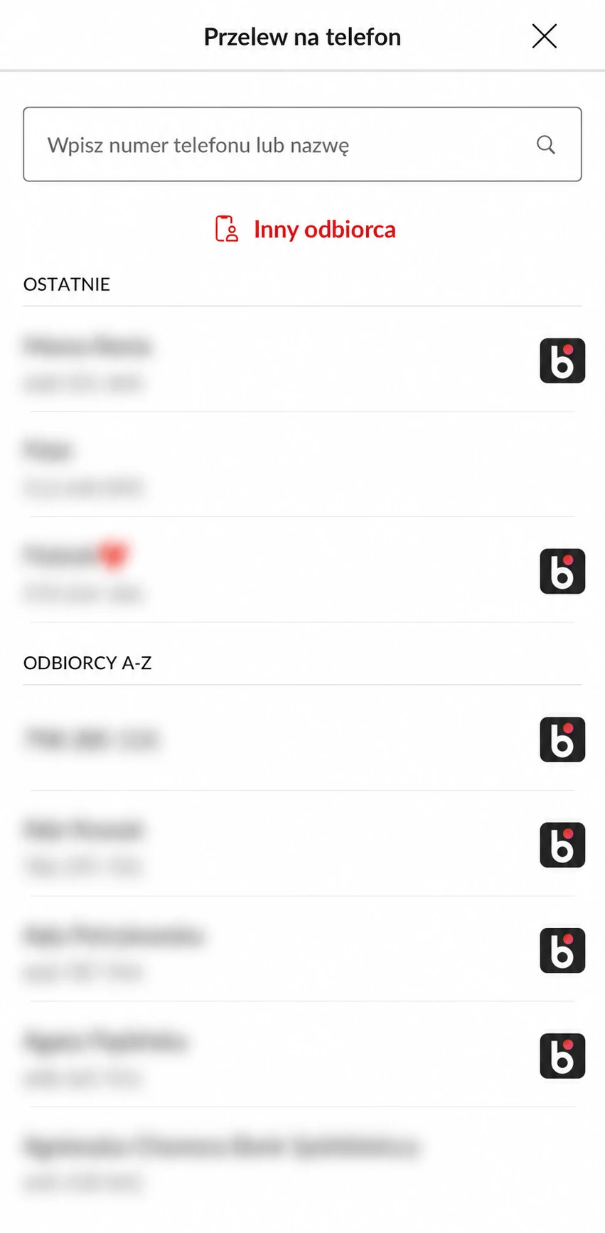 Wybór odbiorcy przelewu na telefon BLIK w PeoPay