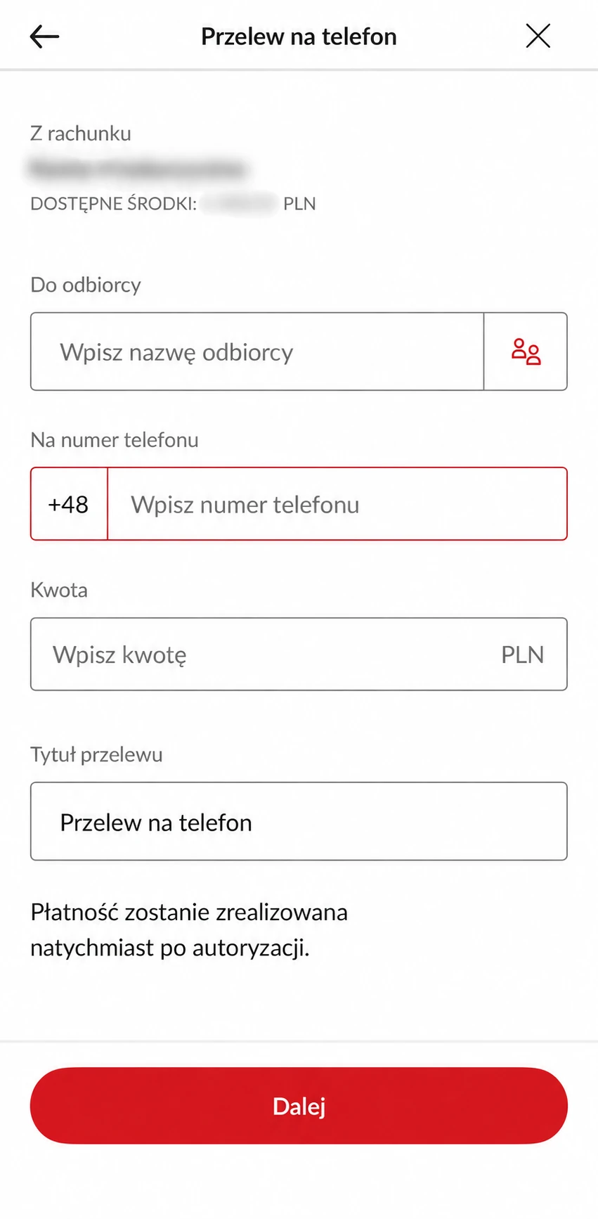 Formularz przelewu na telefon BLIK w PeoPay