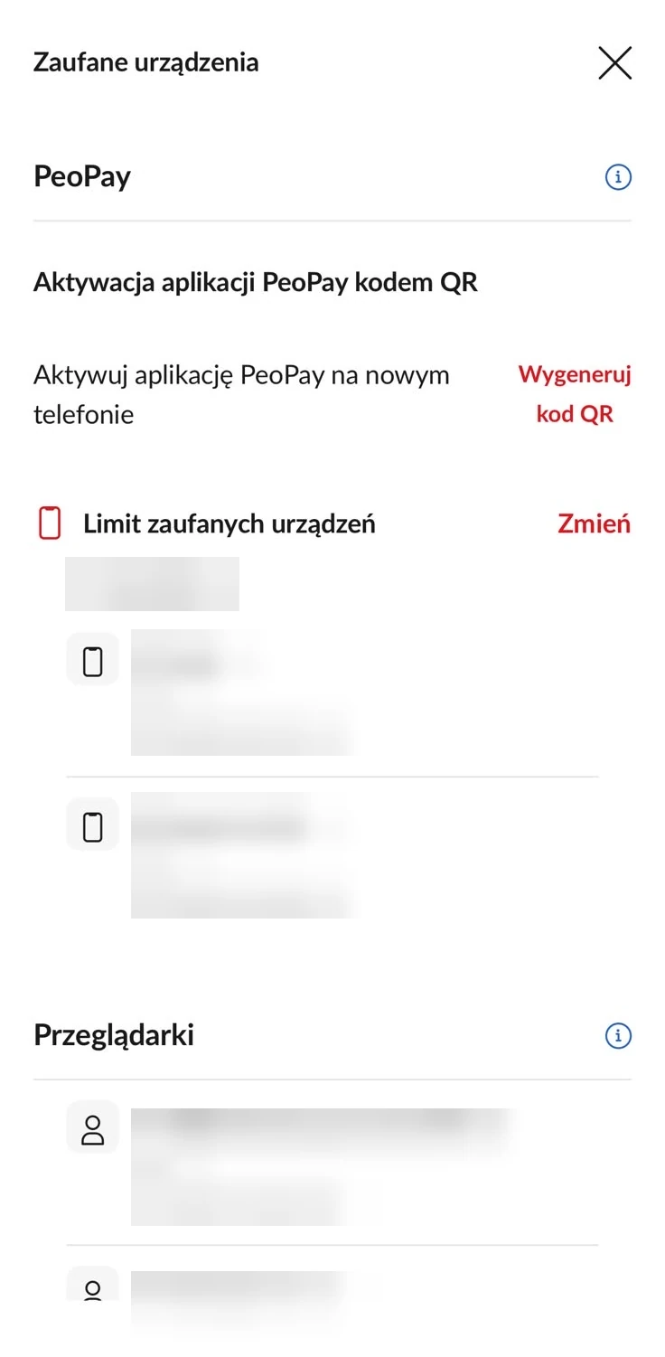 Zaufane urządzenia w PeoPay z rozmytymi nazwami urządzeń przeglądarek i datami