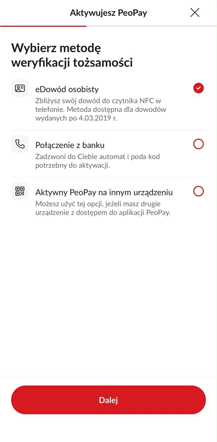 Wybór metody weryfikacji tożsamości podczas aktywacji PeoPay