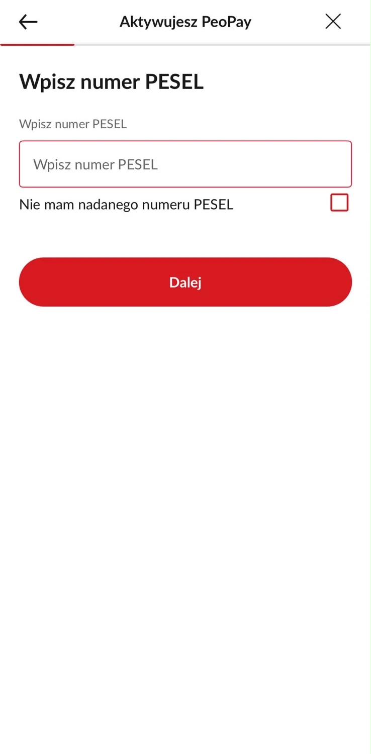 Pusty formularz numeru PESEL podczas aktywacji PeoPay
