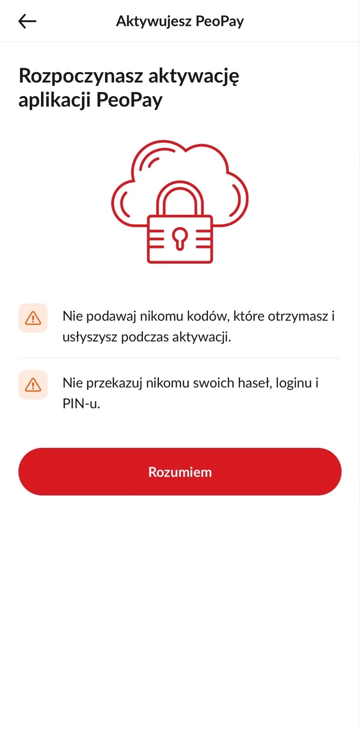 Komunikat bezpieczeństwa przed aktywacją aplikacji PeoPay