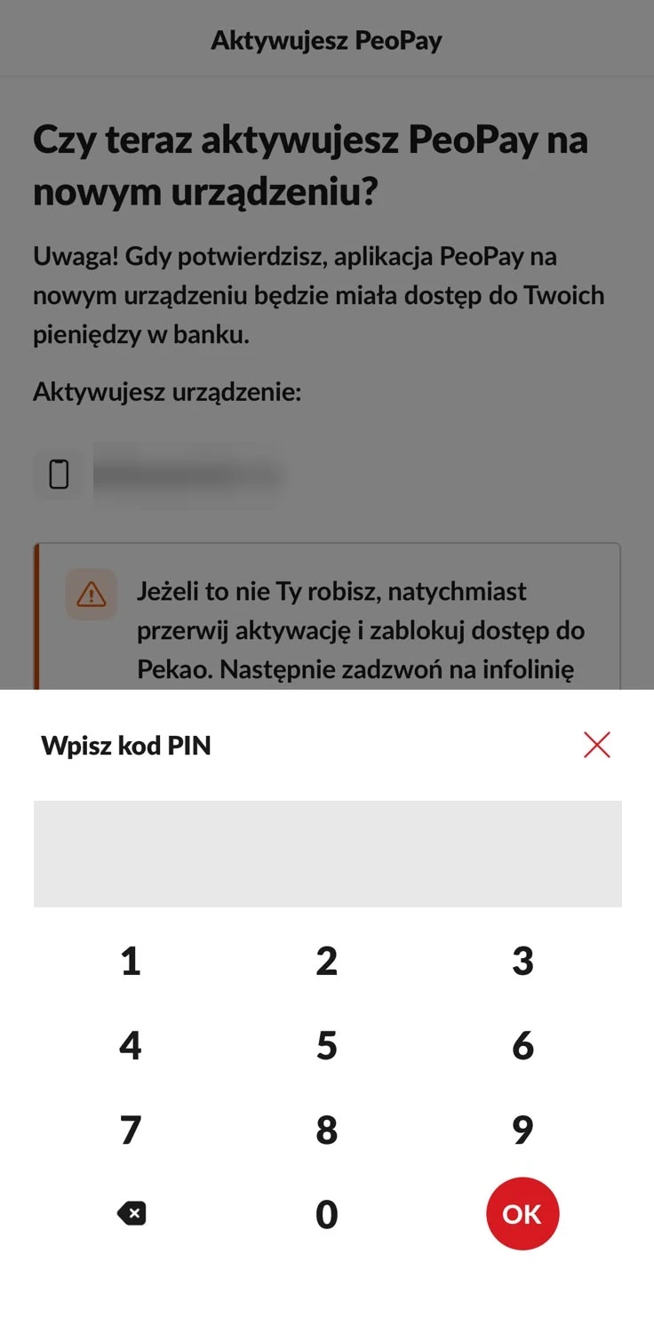 Potwierdzenie aktywacji PeoPay kodem PIN z zasłoniętym polem PIN i nazwą urządzenia
