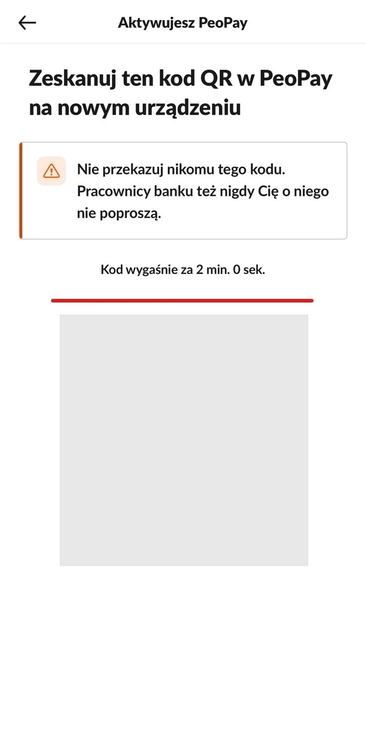 Kod QR do aktywacji PeoPay całkowicie zasłonięty ze względów bezpieczeństwa