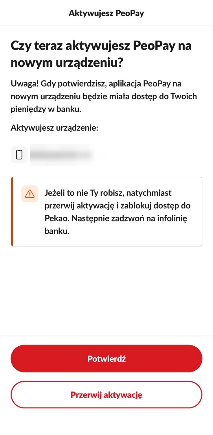 Potwierdzenie aktywacji PeoPay na dotychczasowym urządzeniu z rozmytą nazwą telefonu