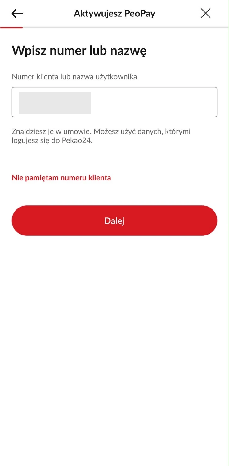 Logowanie do PeoPay numerem klienta lub nazwą użytkownika z zasłoniętymi danymi