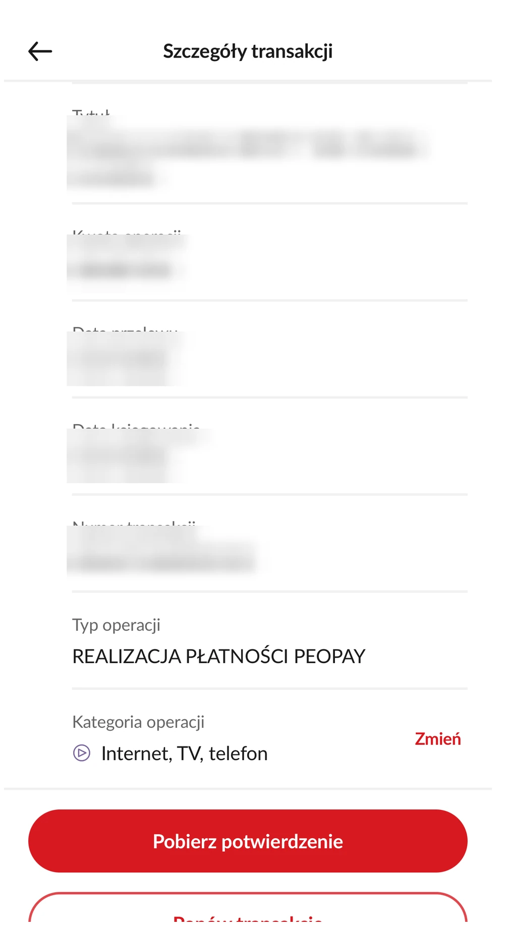 Pobieranie potwierdzenia przelewu w aplikacji PeoPay. Widok 2