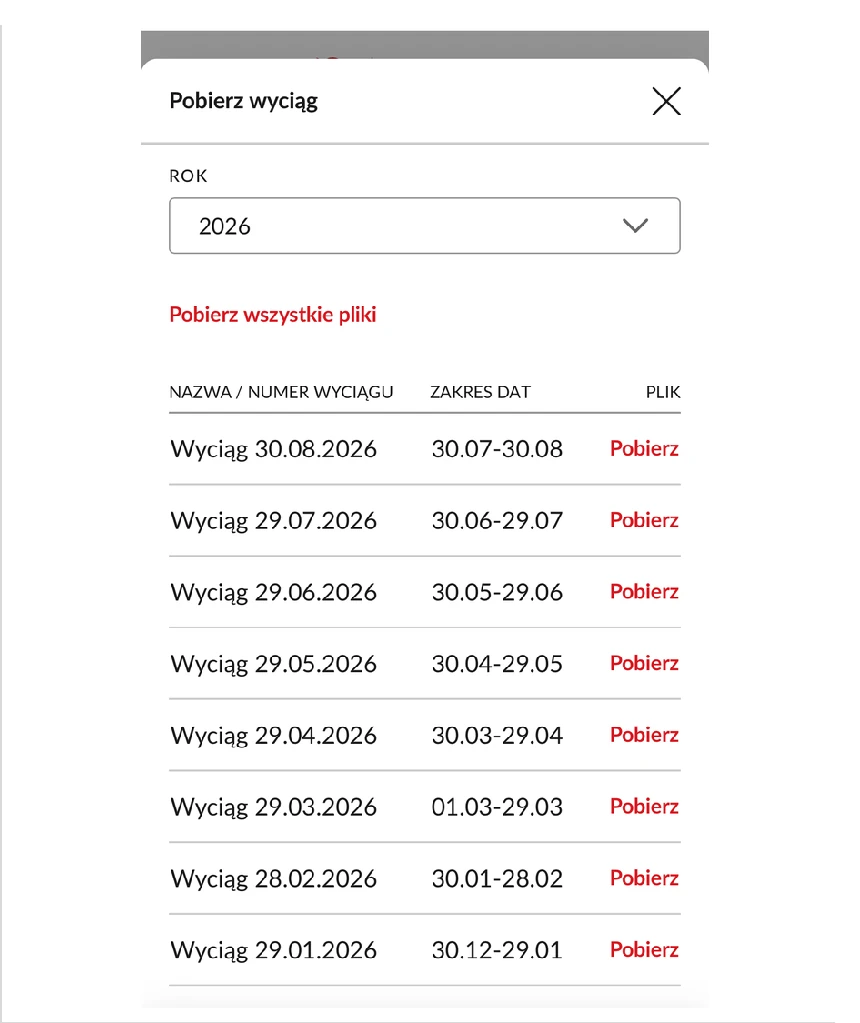 Wybór okresu i pobieranie wyciągu z konta Pekao. Widok 2