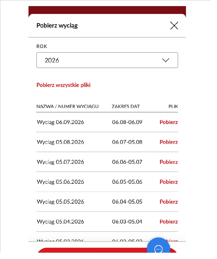 Wybór okresu i pobieranie wyciągu z konta Pekao. Widok 4