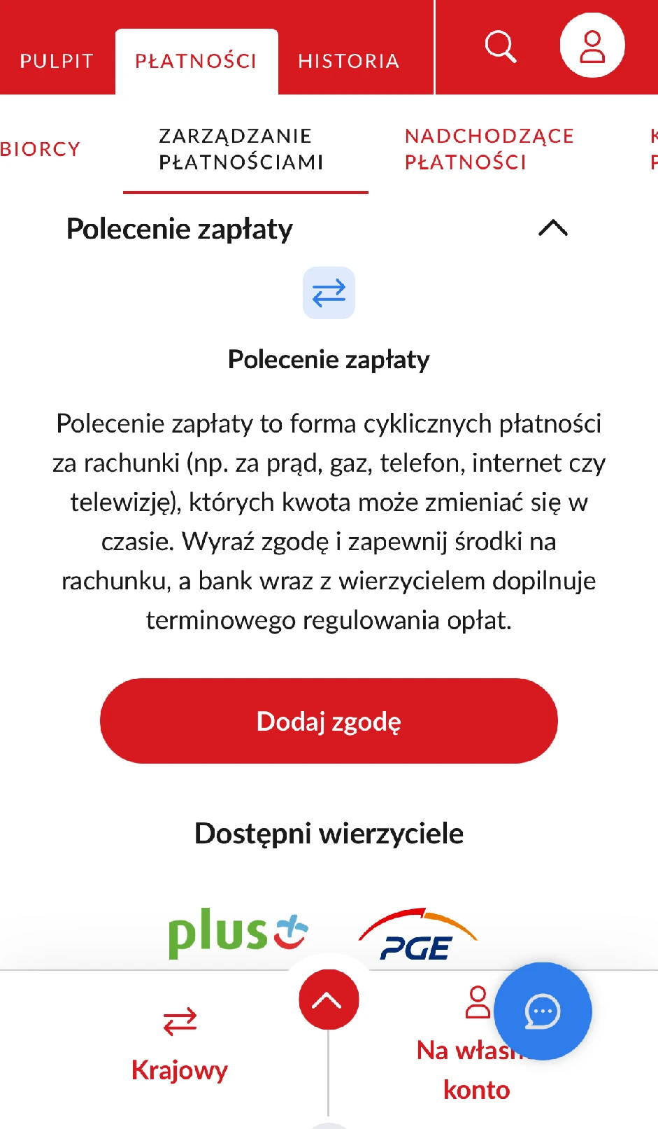 Dodawanie i kontrola polecenia zapłaty w Pekao