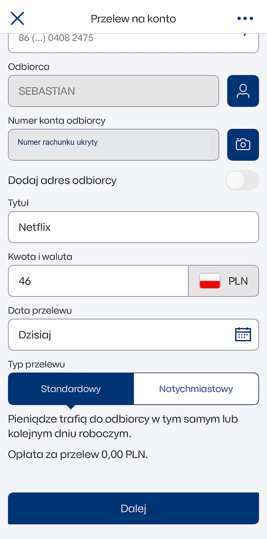 Przelew standardowy w IKO z informacją o dniu roboczym i opłacie 0 zł