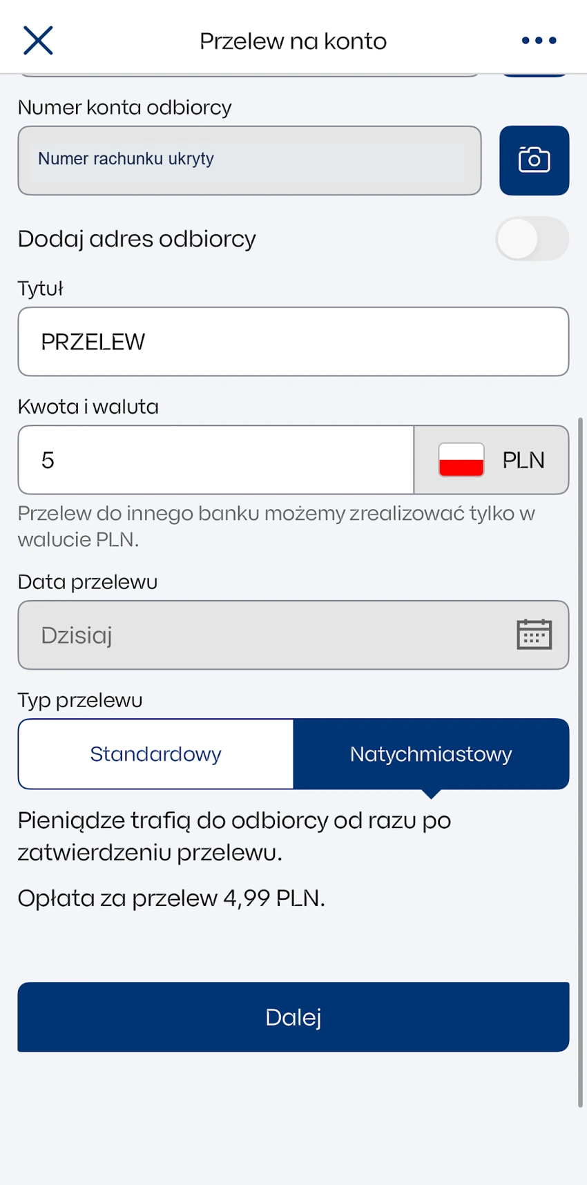 Podgląd przelewu natychmiastowego 5 zł z wyświetloną opłatą 4,99 zł