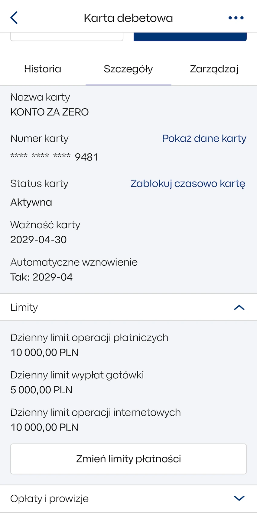 Limity karty w IKO i przycisk Zmień limity płatności