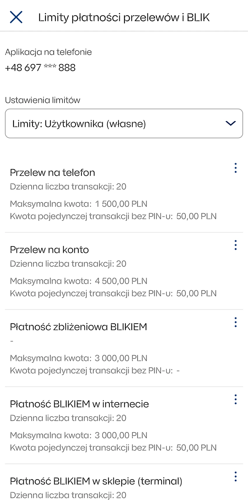 Lista limitów IKO z osobnymi pozycjami dla przelewów i przelewów na telefon BLIK