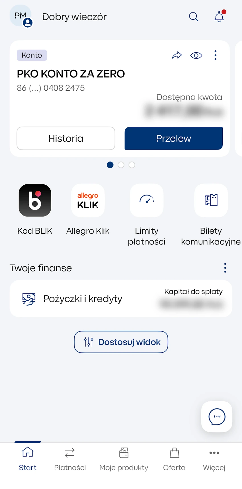 Przycisk Historia przy rachunku PKO Konto za Zero na ekranie głównym IKO