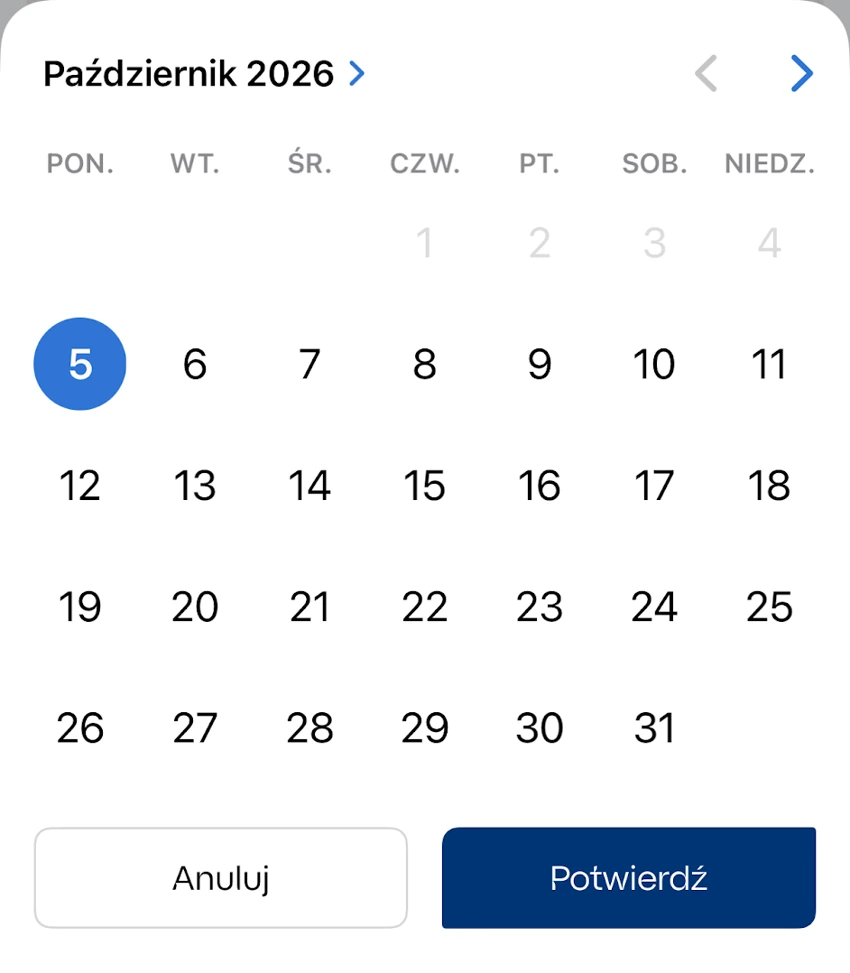 Kalendarz wyboru daty przelewu w aplikacji IKO
