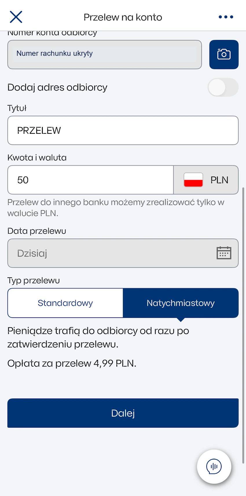 Przelew natychmiastowy 50 zł w IKO z widoczną opłatą 4,99 zł