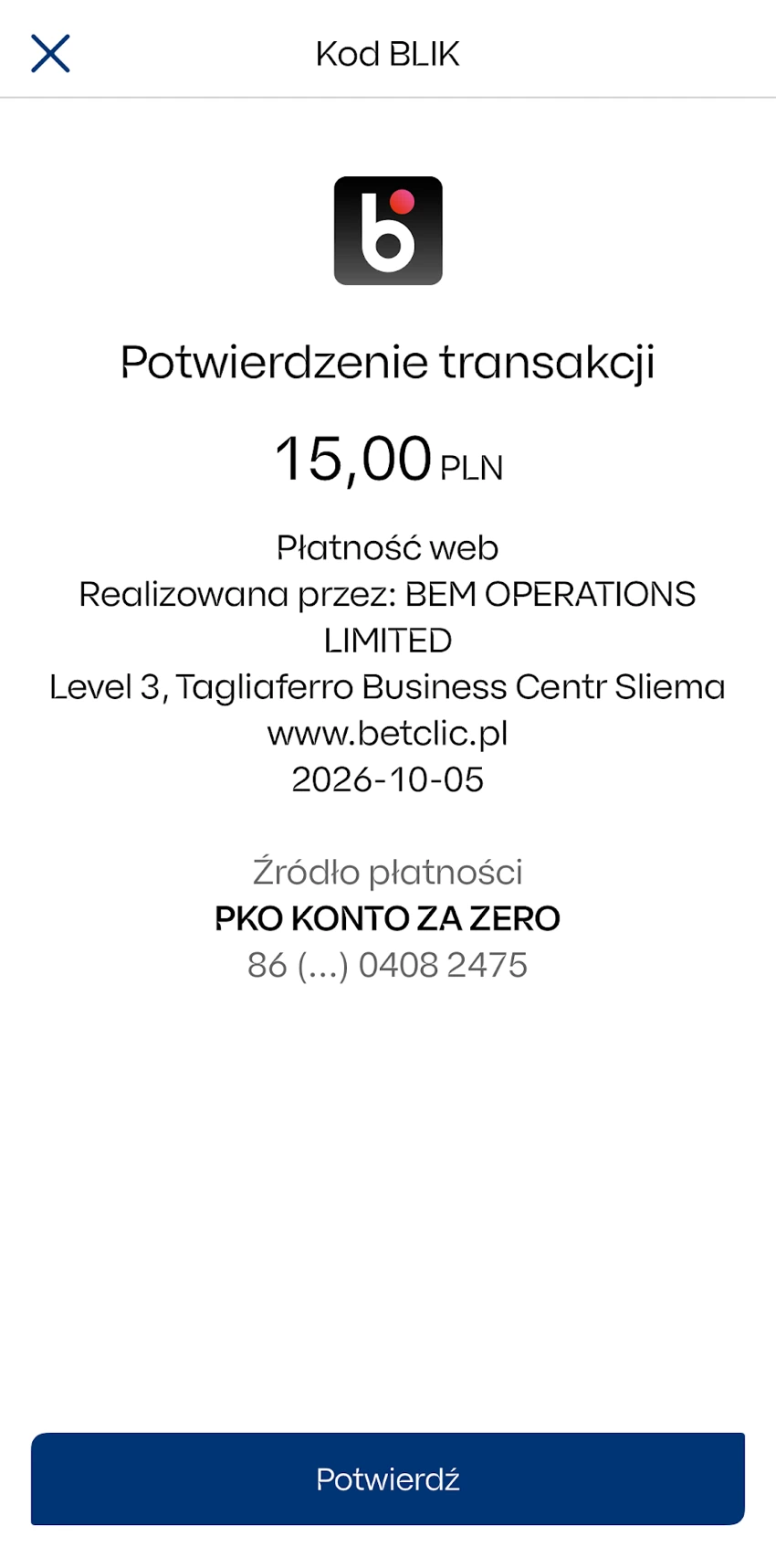 Ekran zatwierdzenia płatności internetowej BLIK na 15 zł w IKO