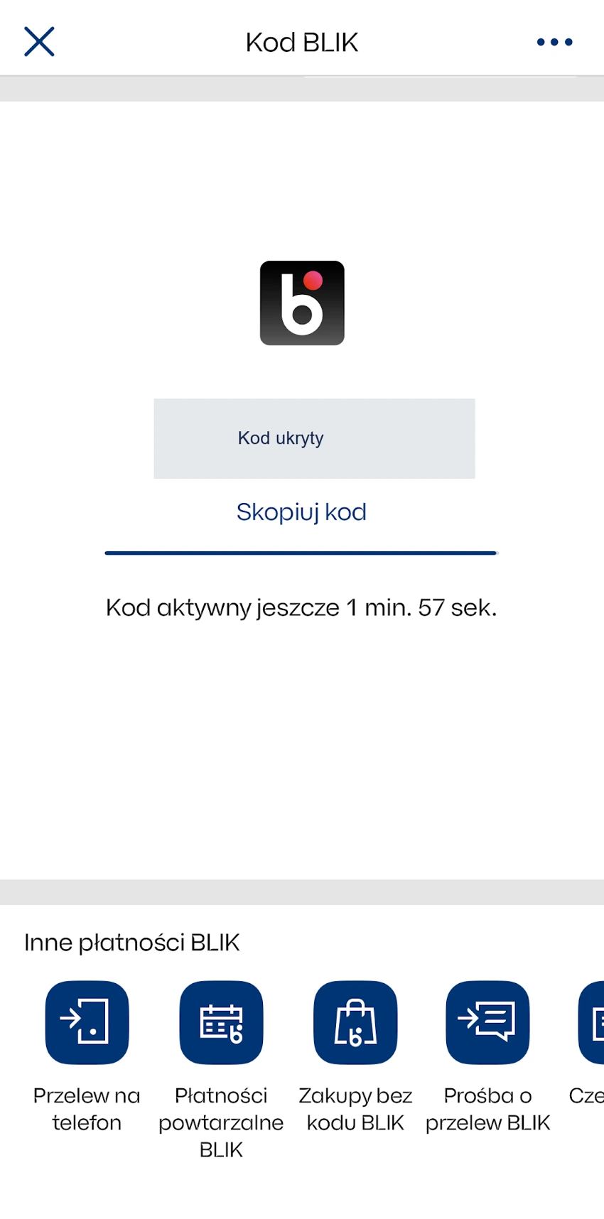 Ekran kodu BLIK w IKO ze skrótami do przelewu na telefon i płatności powtarzalnych
