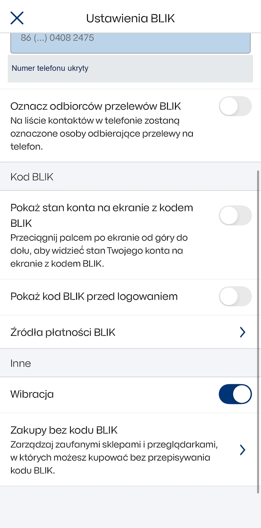 Ustawienia BLIK w IKO z powiązanym kontem, źródłami płatności i zakupami bez kodu