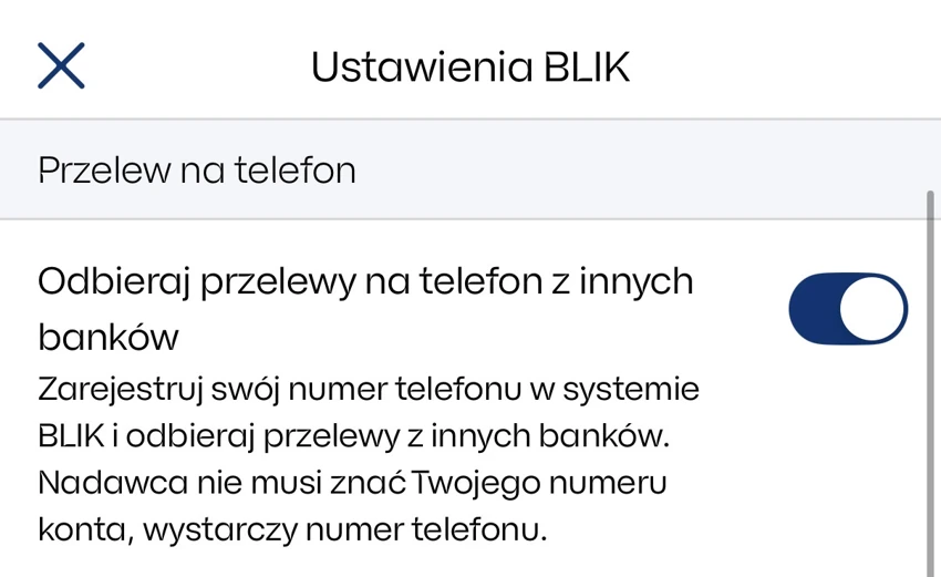 Włączona opcja odbierania przelewów na telefon z innych banków w IKO