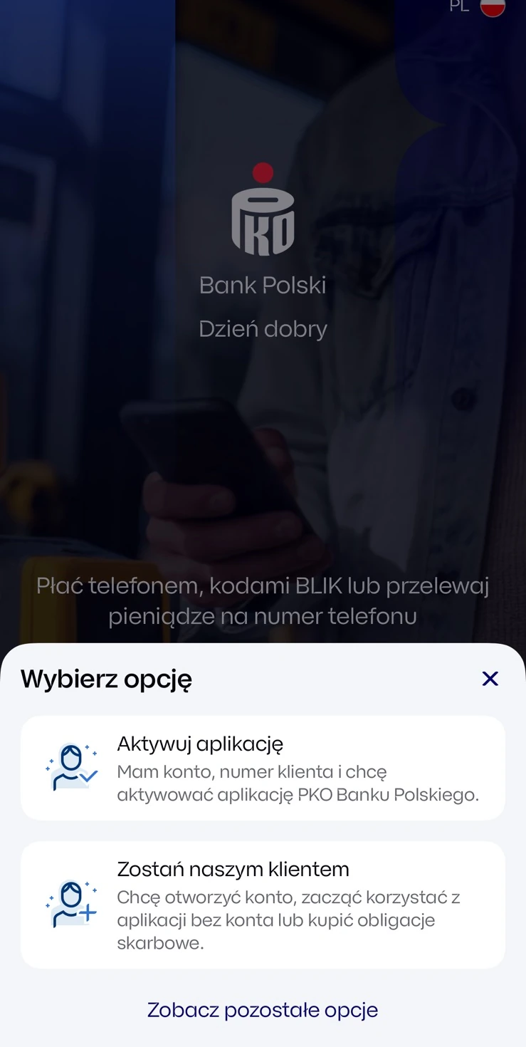 Wybór Aktywuj aplikację dla obecnego klienta PKO BP