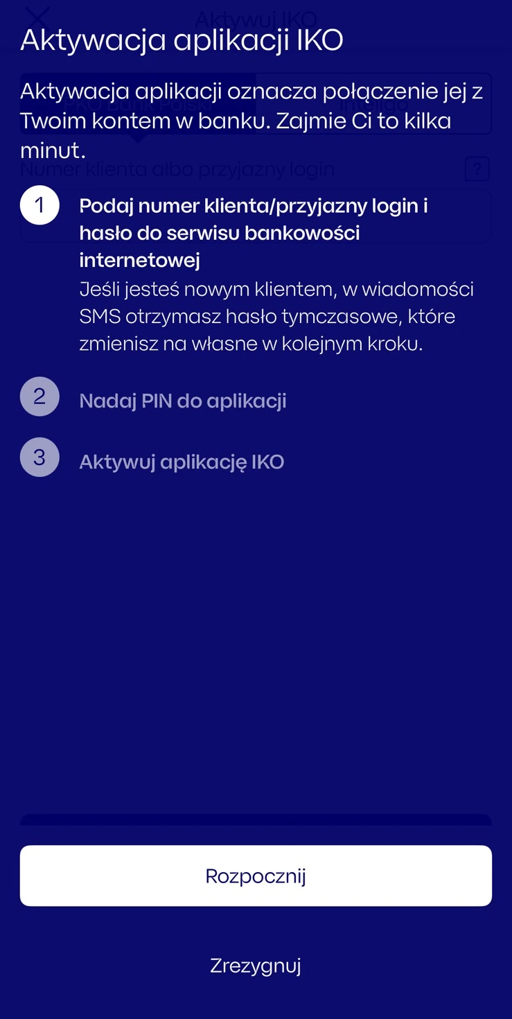 Plan aktywacji IKO z etapami danych klienta, PIN i uruchomienia dostępu