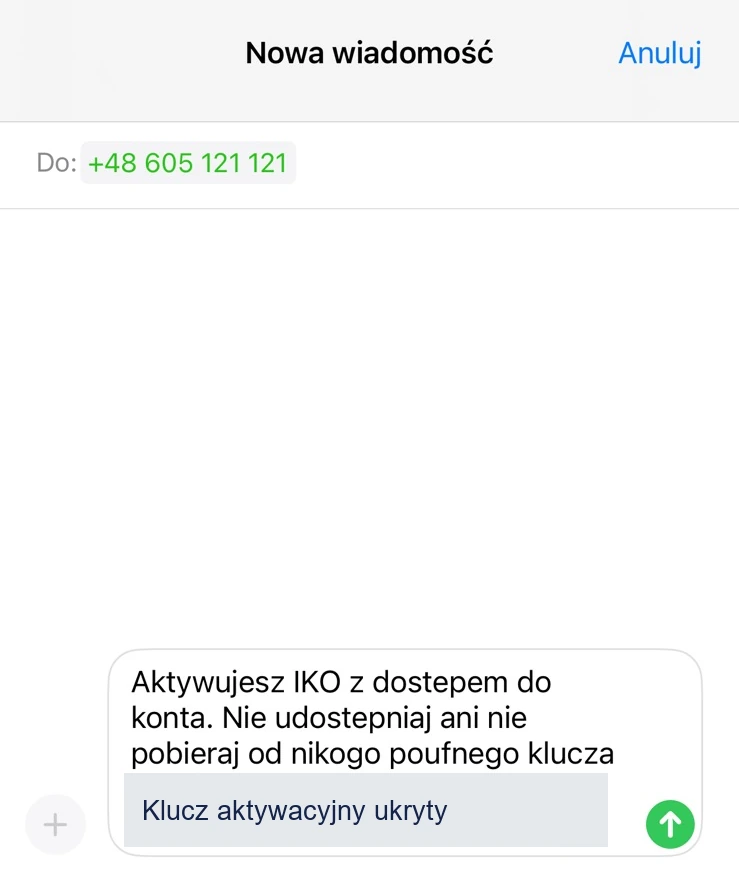 Wiadomość aktywacyjna przygotowana przez IKO z zasłoniętym poufnym kluczem