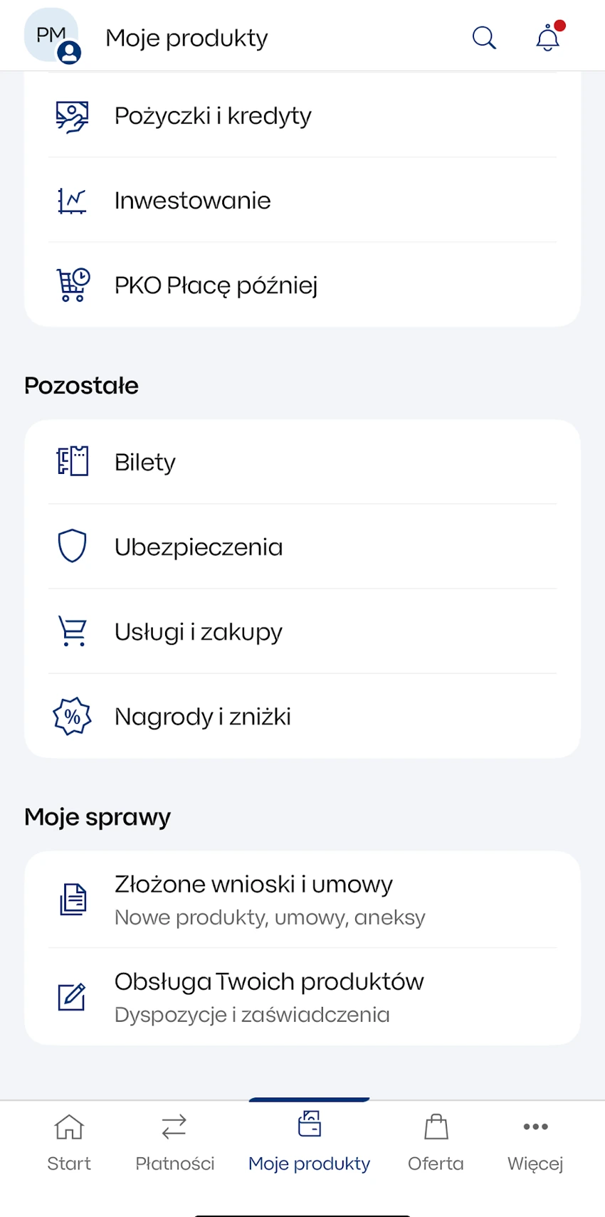 Opcja Obsługa Twoich produktów na dole listy w IKO