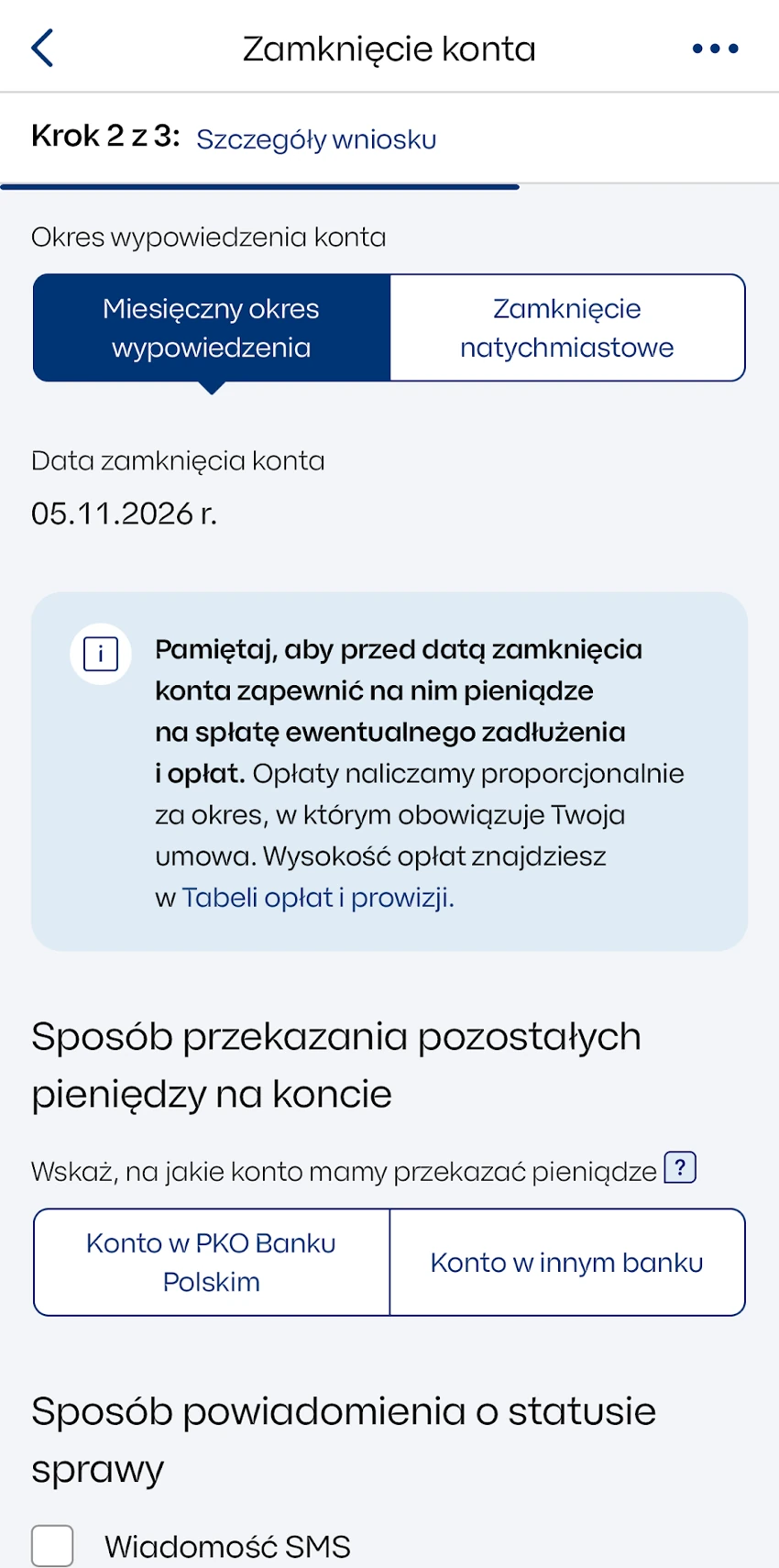 Miesięczny okres wypowiedzenia i data zamknięcia konta w formularzu IKO