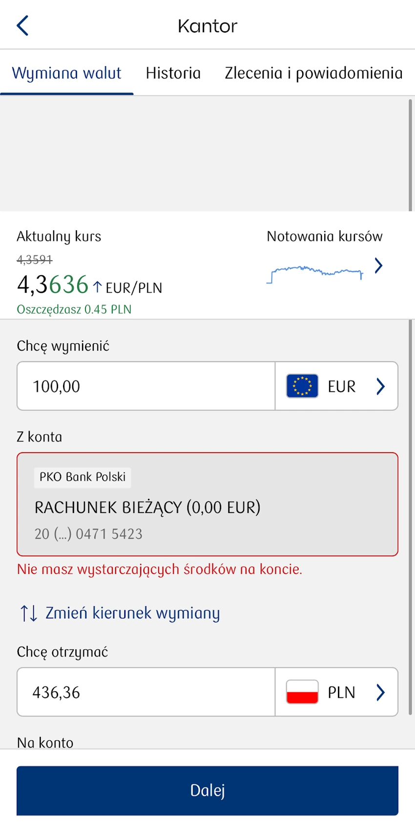 Przykład przeliczenia 100 EUR na PLN w kantorze IKO z komunikatem o braku środków