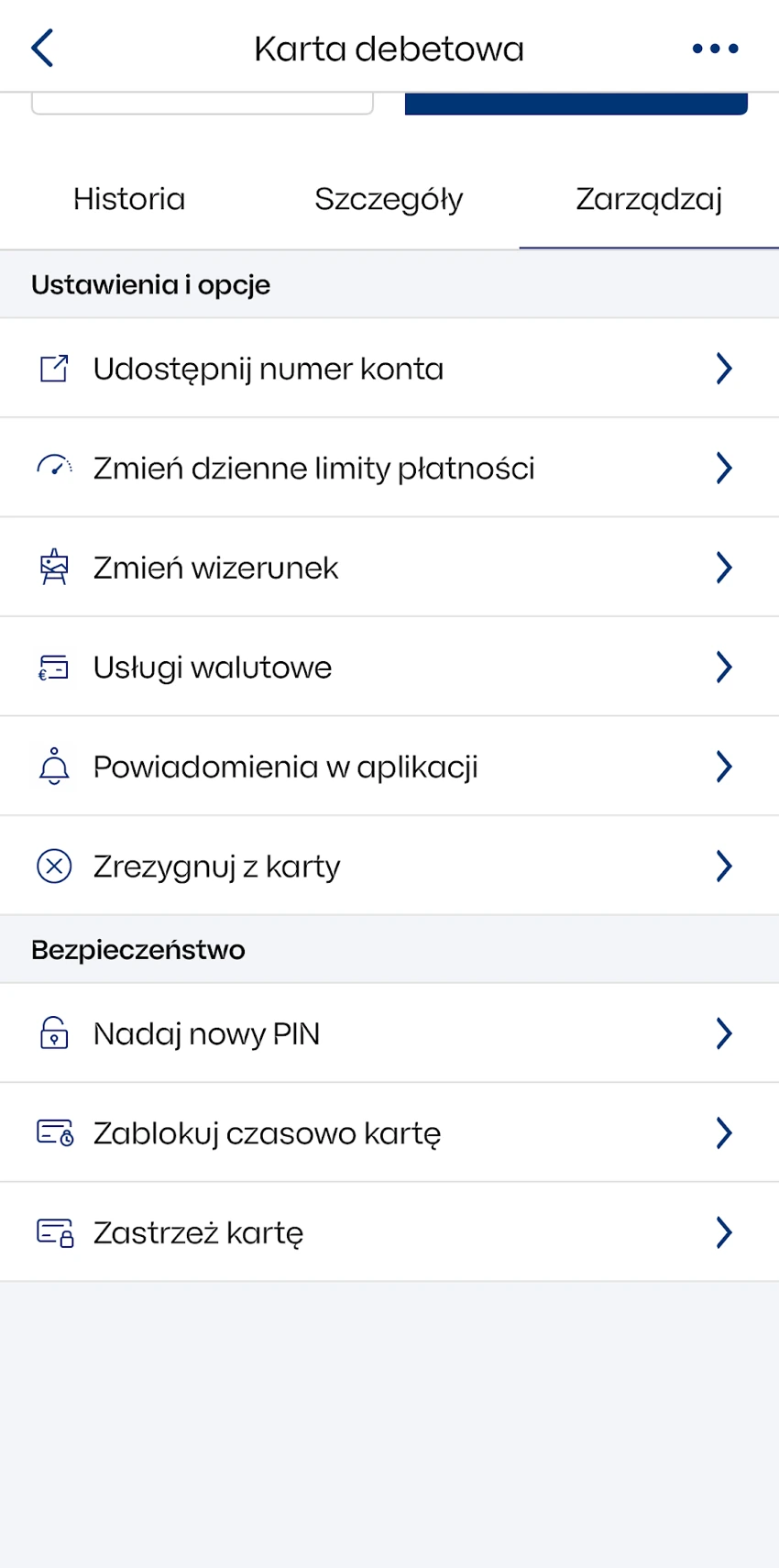 Pozycja Usługi walutowe w ustawieniach zarządzania kartą PKO BP