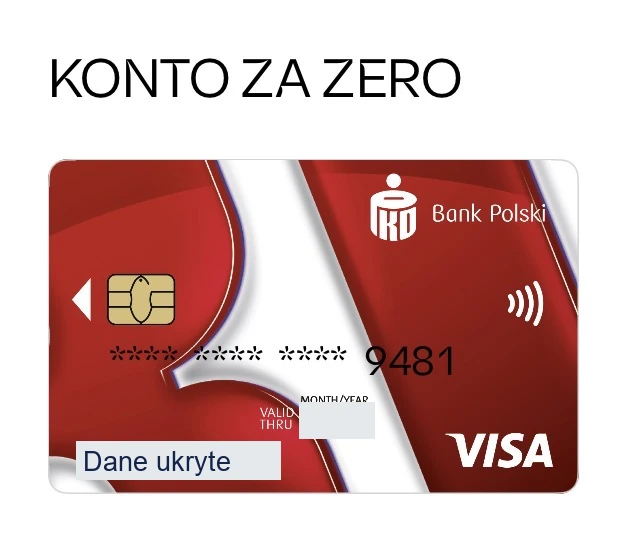 Widok karty do PKO Konta za Zero z zasłoniętymi danymi właściciela