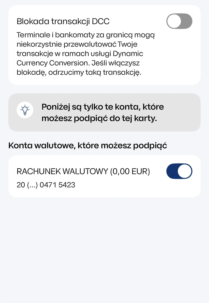 Ustawienia usług walutowych: podłączone konto EUR z saldem zero i wyłączona blokada DCC