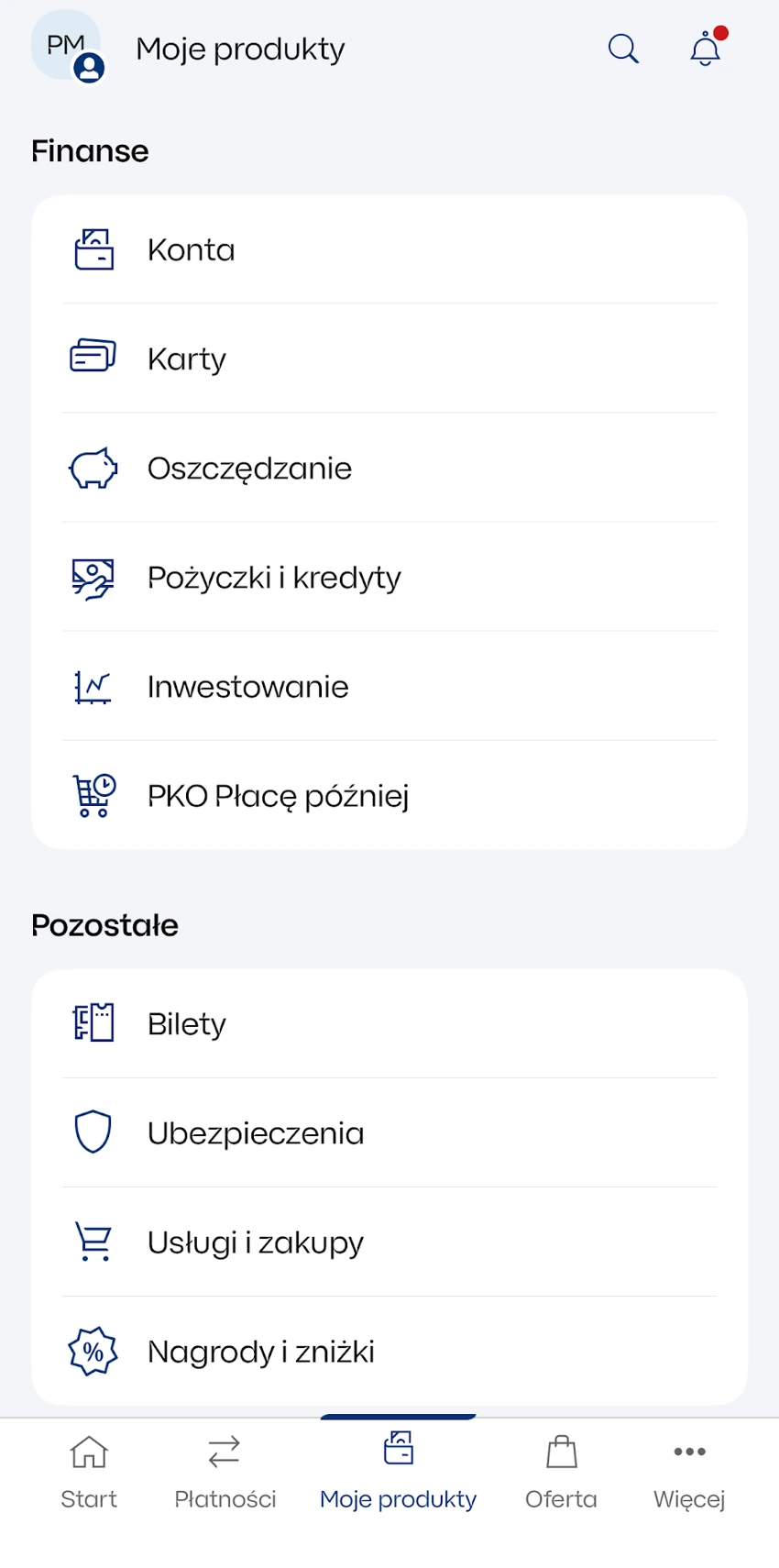 Sekcja Moje produkty w IKO z pozycją Oszczędzanie