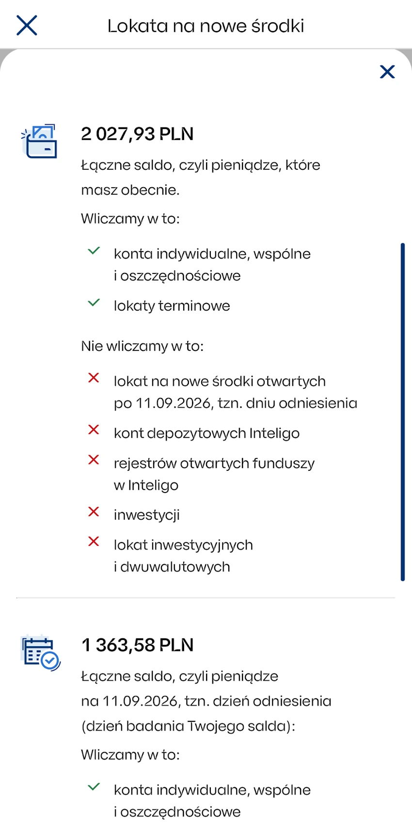 IKO pokazujące bieżącą sumę pieniędzy i saldo z dnia odniesienia