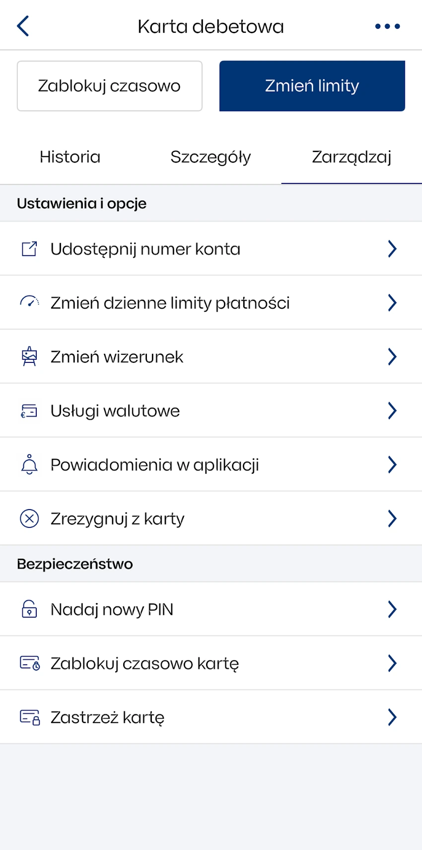 Zakładka Zarządzaj kartą w IKO z opcją Nadaj nowy PIN