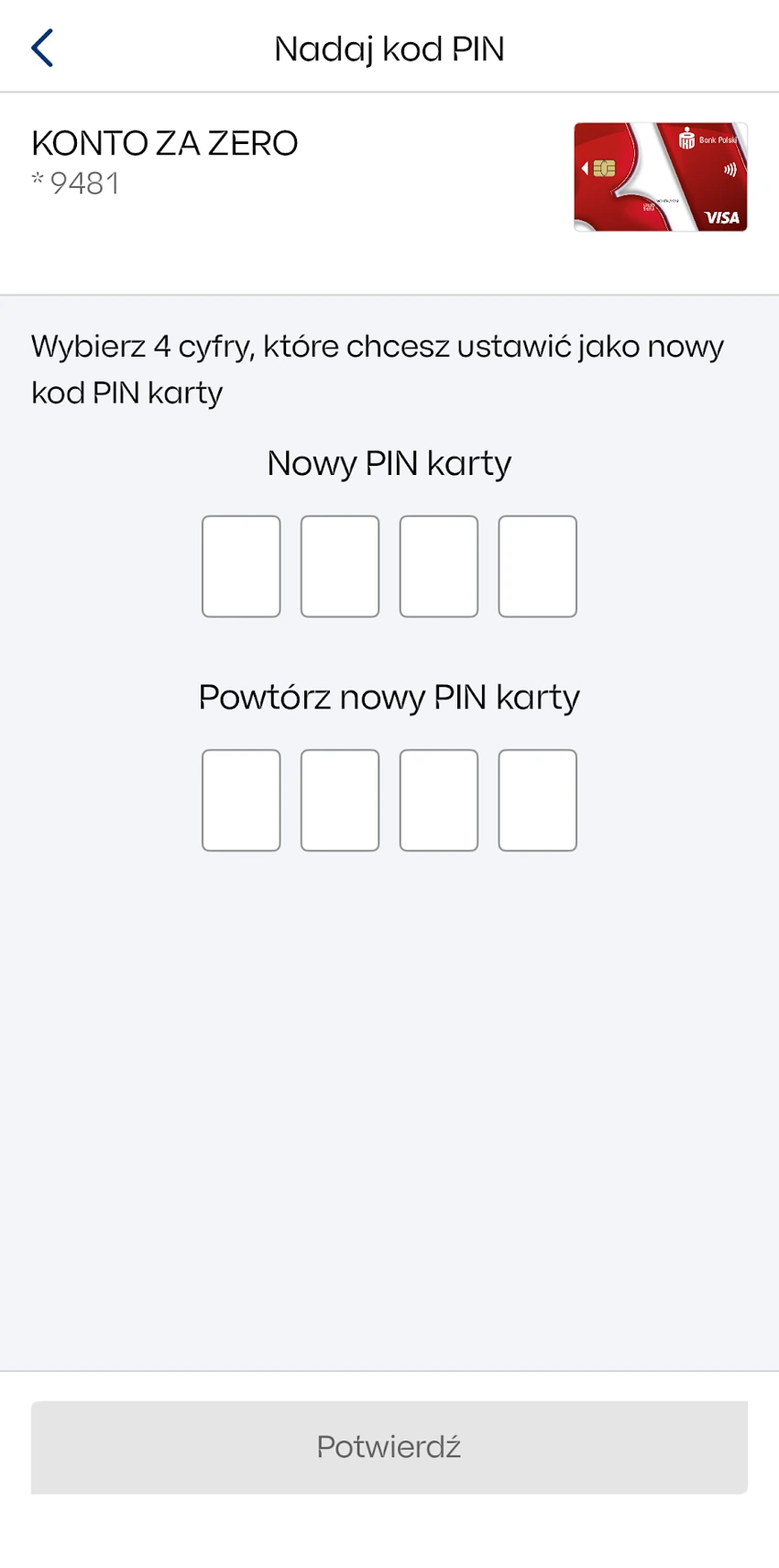 Formularz Nadaj kod PIN w IKO z dwoma pustymi polami czterocyfrowego kodu