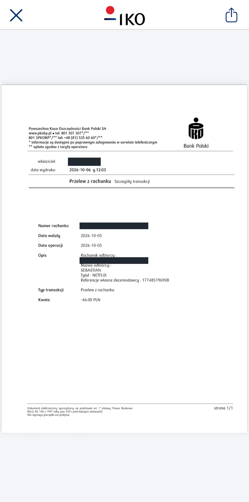 Potwierdzenie przelewu PDF otwarte w IKO z ukrytym nazwiskiem i numerami rachunków