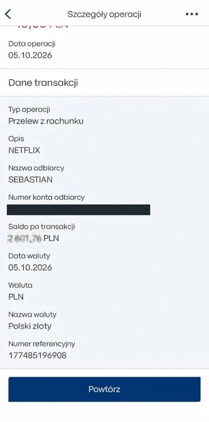Szczegóły przelewu w IKO z menu operacji i zasłoniętym numerem rachunku odbiorcy