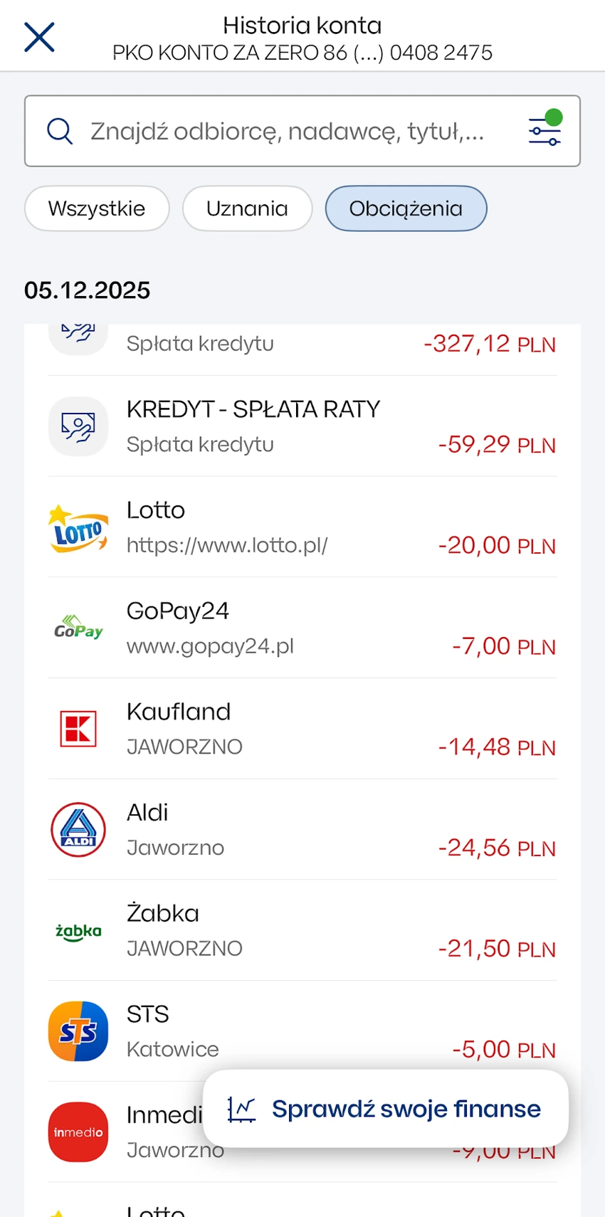 Historia konta w IKO z wyszukiwarką i filtrami operacji