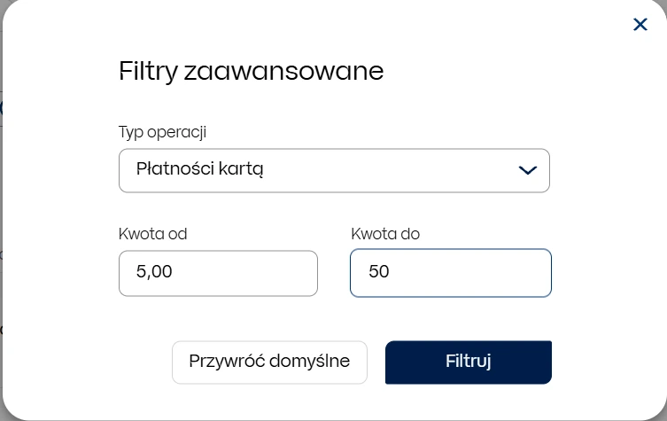 Filtry zaawansowane historii iPKO z typem operacji i zakresem kwot