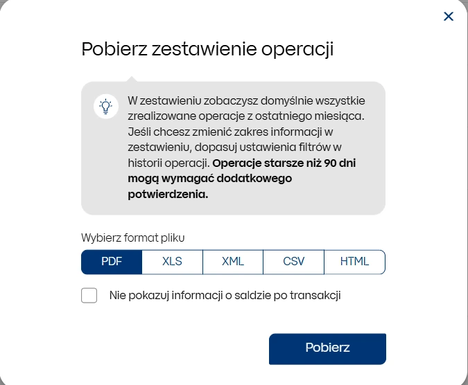 Okno pobierania zestawienia iPKO z formatami PDF, XLS, XML, CSV i HTML
