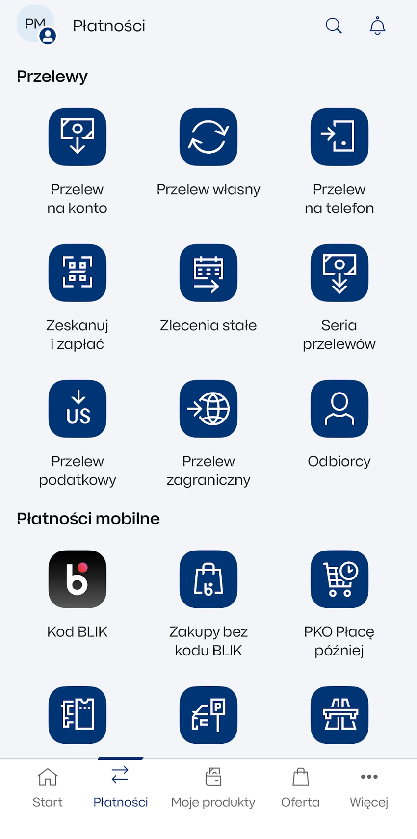 Menu Płatności IKO z funkcjami Zlecenia stałe i Seria przelewów