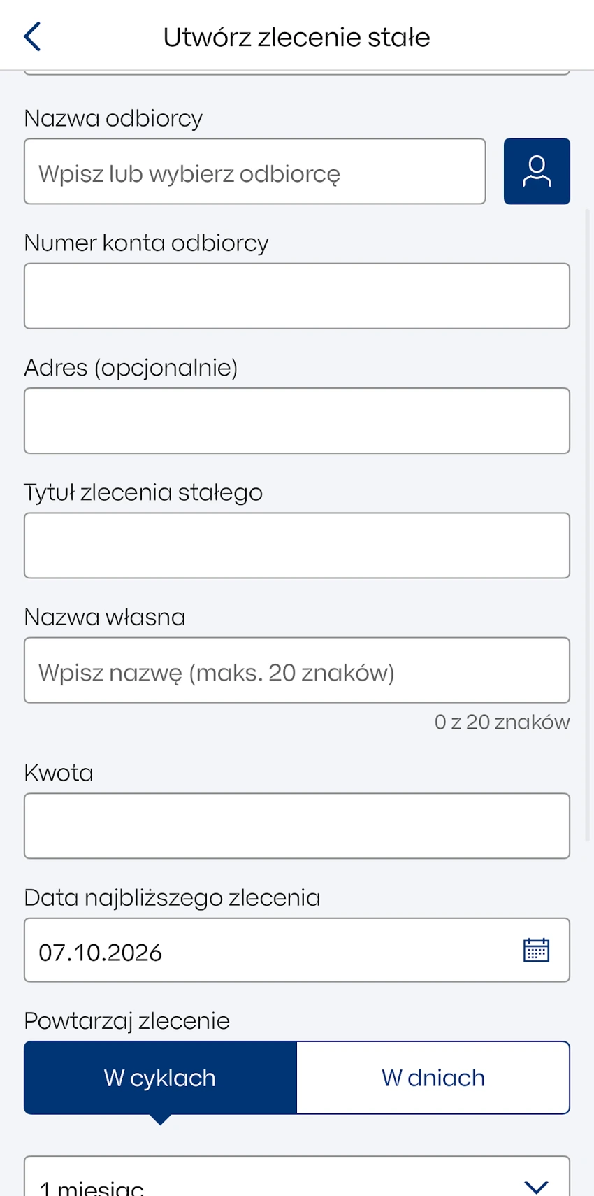 Formularz zlecenia stałego IKO z danymi odbiorcy, tytułem, kwotą i datą