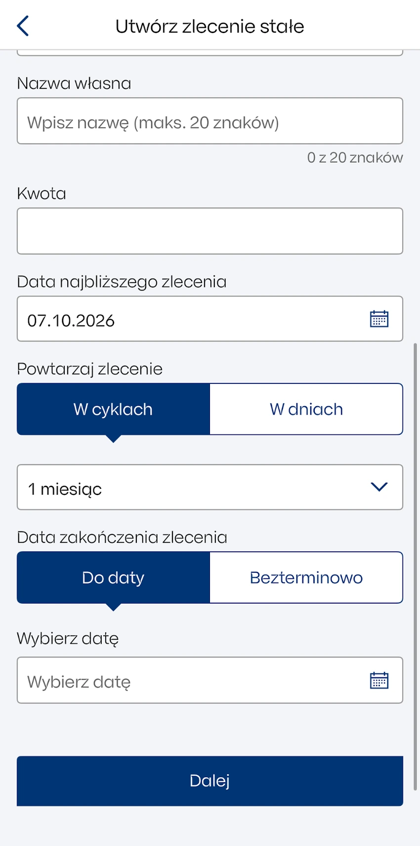 Częstotliwość zlecenia stałego IKO oraz wybór daty końca albo opcji bezterminowej